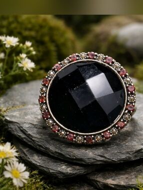 Faceted Onyx & Garnet Huge Sterling Ring